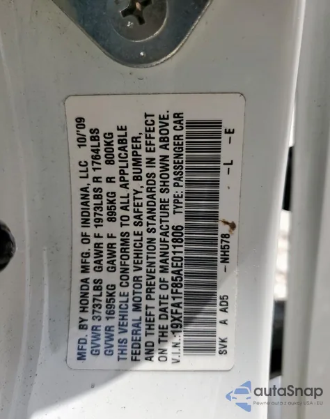 2010 Honda Civic Ex из США, поврежденный, VIN 19XFA1F85AE011806